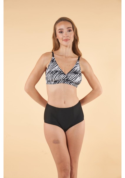 Yüksek Bel Kruvaze Zebra Desenli Bikini Takımı - Siyah