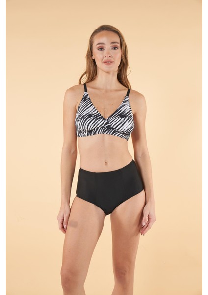 Yüksek Bel Kruvaze Zebra Desenli Bikini Takımı - Siyah