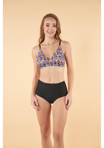 Yüksek Bel Kruvaze Desenli Bikini Takımı - Siyah