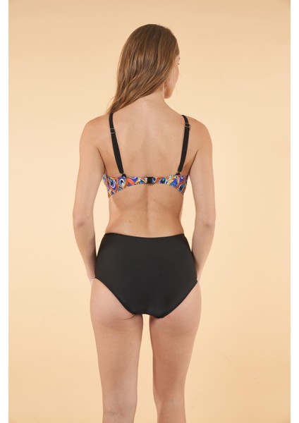 Yüksek Bel Kruvaze Desenli Bikini Takımı - Siyah
