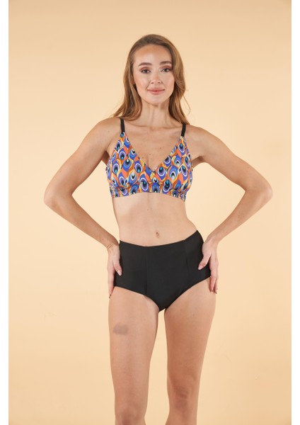 Yüksek Bel Kruvaze Desenli Bikini Takımı - Siyah
