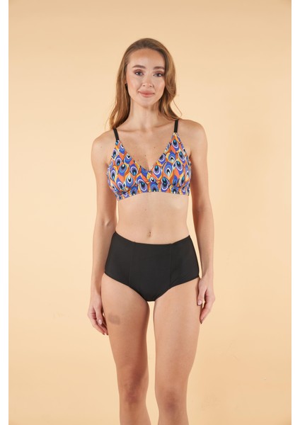 Yüksek Bel Kruvaze Desenli Bikini Takımı - Siyah