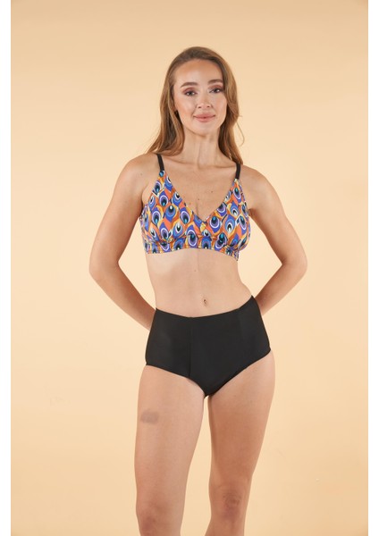 Yüksek Bel Kruvaze Desenli Bikini Takımı - Siyah