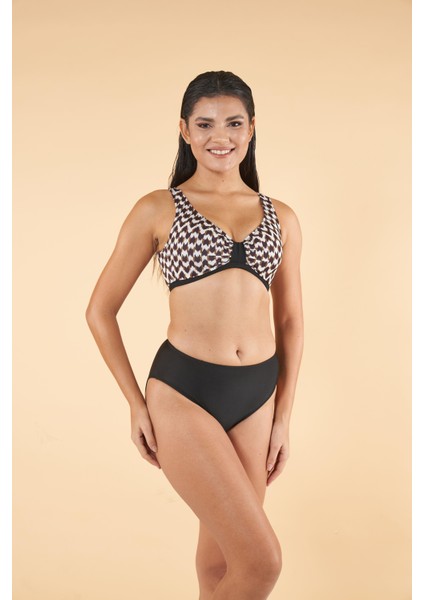 Kaz Ayağı Desenli Toparlayıcı Luplu Bikini Takımı - Kahverengi