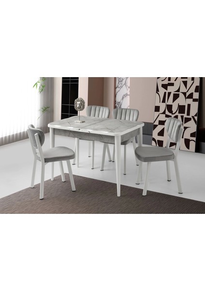 Kelebek Lagina Ahşap Salon Yemek Masa Sandalye Takımı 4 Sandalyeli Ortadan Açılır Büyüyen Mermer Desen 80 x 130