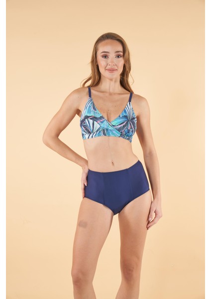 Yüksek Bel Kruvaze Yaprak Desenli Bikini Takımı - Lacivert
