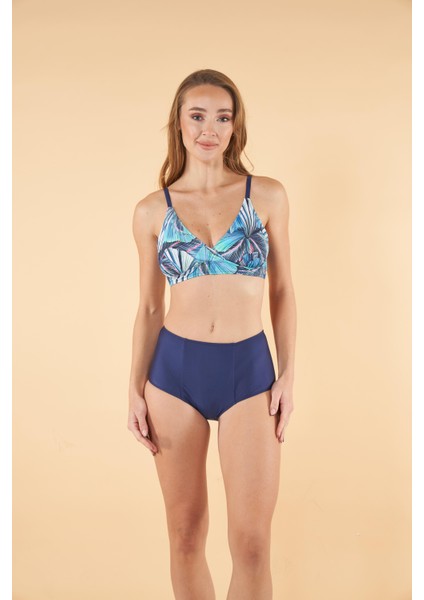 Yüksek Bel Kruvaze Yaprak Desenli Bikini Takımı - Lacivert
