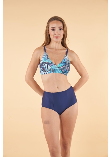 Yüksek Bel Kruvaze Yaprak Desenli Bikini Takımı - Lacivert