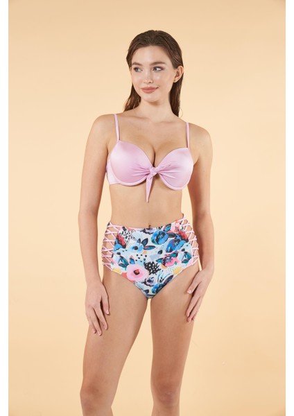 Desenli Yüksek Bel Britli Bikini Takımı - Pudra Mavi modelleri