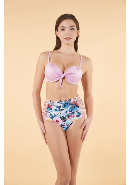 Desenli Yüksek Bel Britli Bikini Takımı - Pudra Mavi fırsatları