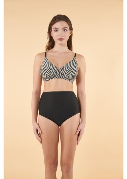 Yüksek Bel Kruvaze Çapraz Desenli Bikini Takımı - Siyah