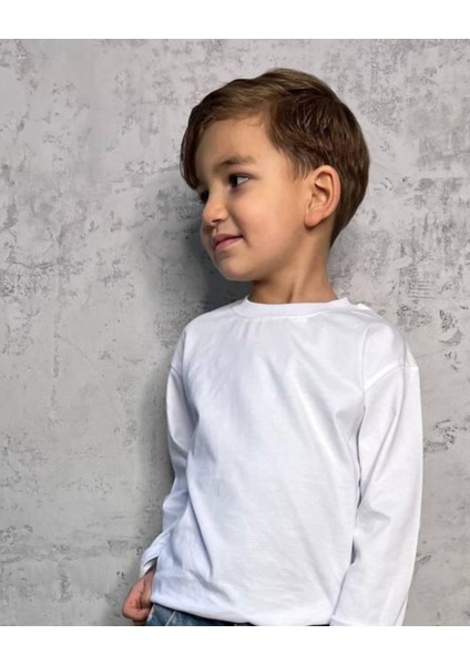 Beyaz Uzun Kollu Pamuklu Erkek Çocuk Basic Tshirt