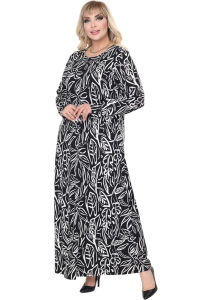 Butik Siyah Yaprak Desen Uzun Kollu Kadın Tesettür Elbise
