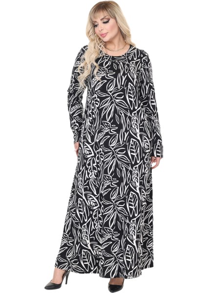 Butik Siyah Yaprak Desen Uzun Kollu Kadın Tesettür Elbise fiyatları