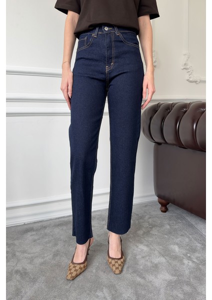 Kesik Paça Boyfit Jean- Lacivert