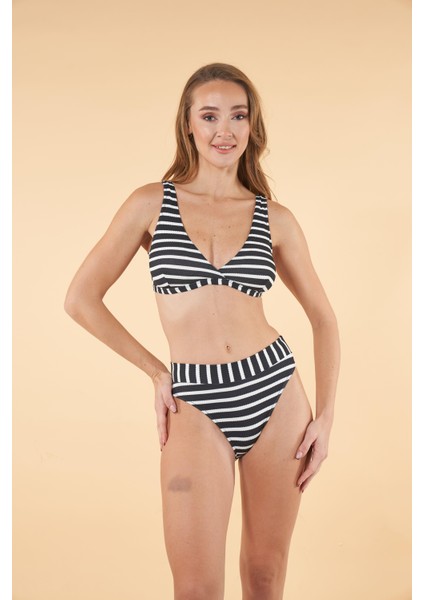 Kemerli Kruvaze Çizgi Desenli Bikini Takımı - Siyah Bayaz indirimleri