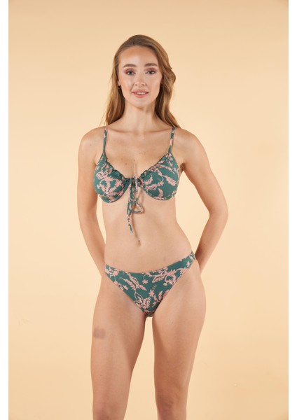 Desenli Büzgülü Balenli Bikini Takımı - Yeşil modelleri