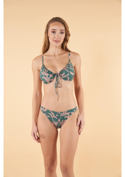 Desenli Büzgülü Balenli Bikini Takımı - Yeşil fırsatları