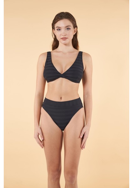 Kemerli Kruvaze Çizgi Dokulu Bikini Takımı - Siyah