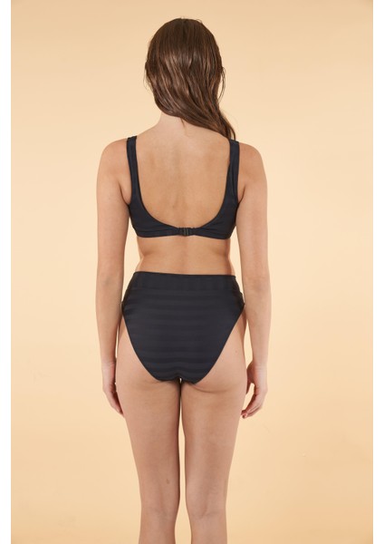 Kemerli Kruvaze Çizgi Dokulu Bikini Takımı - Siyah