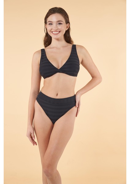 Kemerli Kruvaze Çizgi Dokulu Bikini Takımı - Siyah