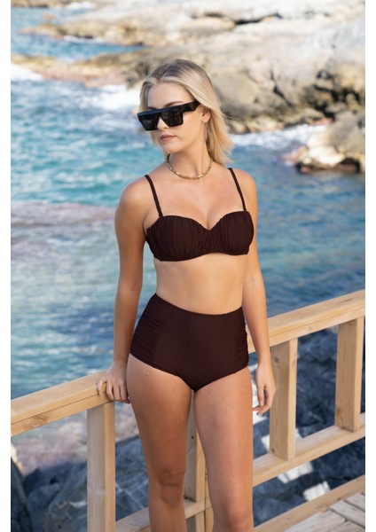 Drapeli Kaplı Straplez Bikini Takımı - Siyah