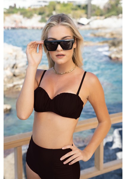 Drapeli Kaplı Straplez Bikini Takımı - Siyah