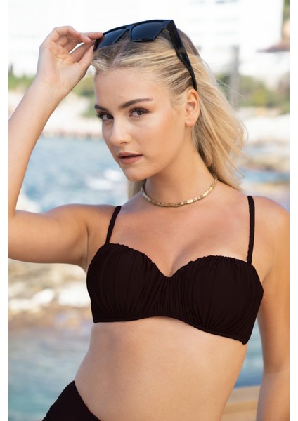 Drapeli Kaplı Straplez Bikini Takımı - Siyah
