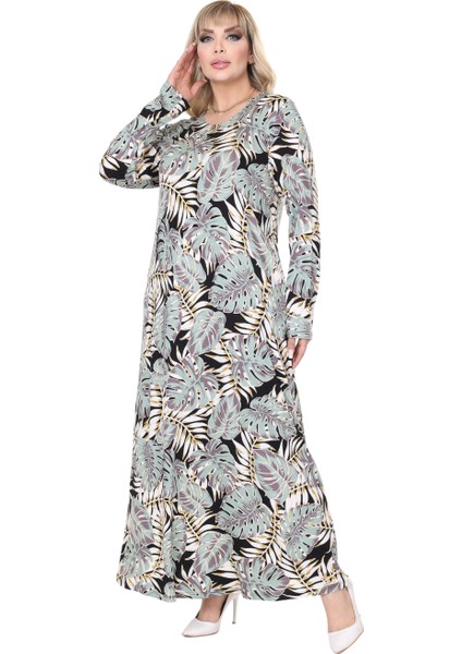 Butik Yeşil Beyaz Tropik Desen Uzun Kollu Kadın Tesettür Elbise