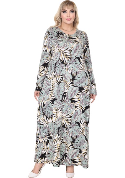 Butik Yeşil Beyaz Tropik Desen Uzun Kollu Kadın Tesettür Elbise fiyatları