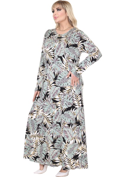 Butik Yeşil Beyaz Tropik Desen Uzun Kollu Kadın Tesettür Elbise modelleri