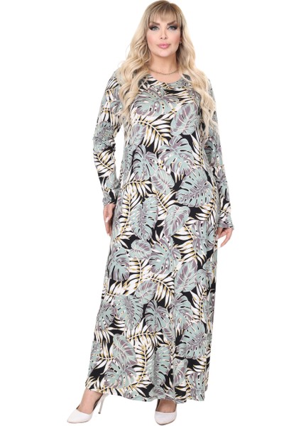 Butik Yeşil Beyaz Tropik Desen Uzun Kollu Kadın Tesettür Elbise fırsatları