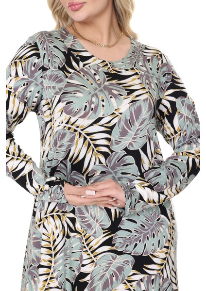 Butik Yeşil Beyaz Tropik Desen Uzun Kollu Kadın Tesettür Elbise indirimleri