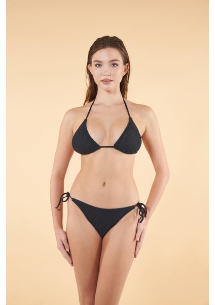 Dokulu Üçgen Ipli Bikini Takımı - Lacivert