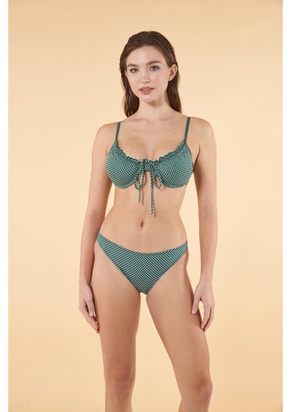 Puantiyeli Büzgülü Balenli Bikini Takımı - Yeşil