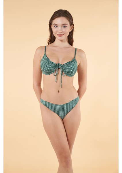Puantiyeli Büzgülü Balenli Bikini Takımı - Yeşil modelleri