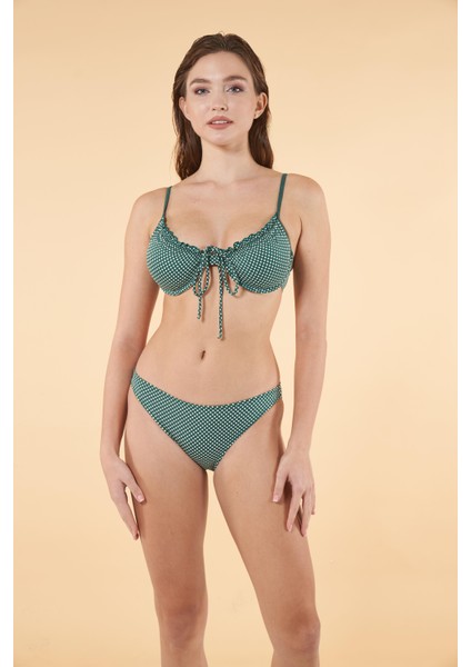 Puantiyeli Büzgülü Balenli Bikini Takımı - Yeşil fırsatları