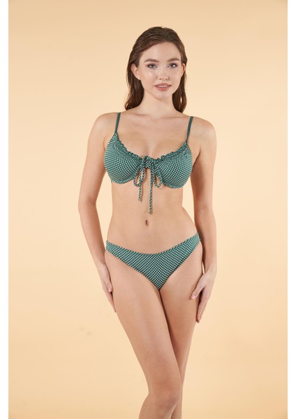 Puantiyeli Büzgülü Balenli Bikini Takımı - Yeşil indirimleri