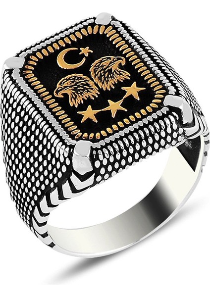 Çift Başlı Kartal ve Ay Yıldız Motifli Gümüş Yüzük