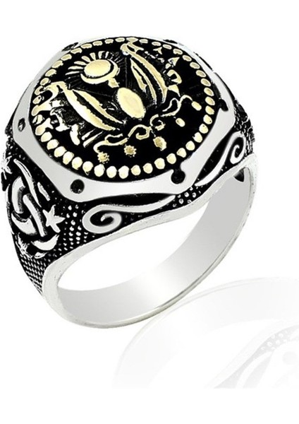 Sekizgen Köşeli Osmanlı Armalı Gümüş Erkek Yüzük