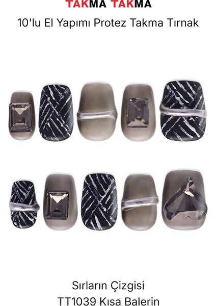 10'lu Gri Kısa Balerin TT1039 Tekrar Kullanılabilir El Yapımı Protez Takma Tırnak - Gri-M