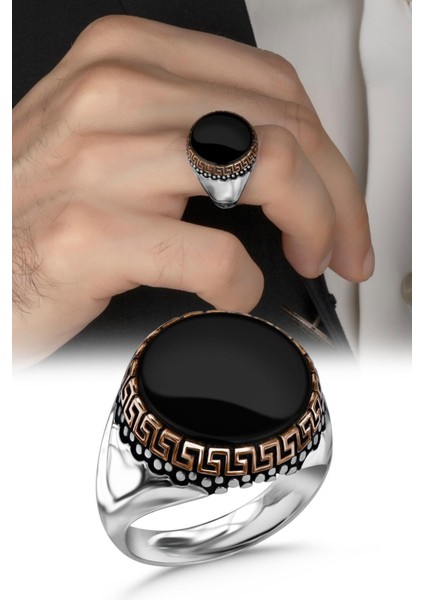 Siyah Oniks Taşlı Gümüş Erkek Yüzük