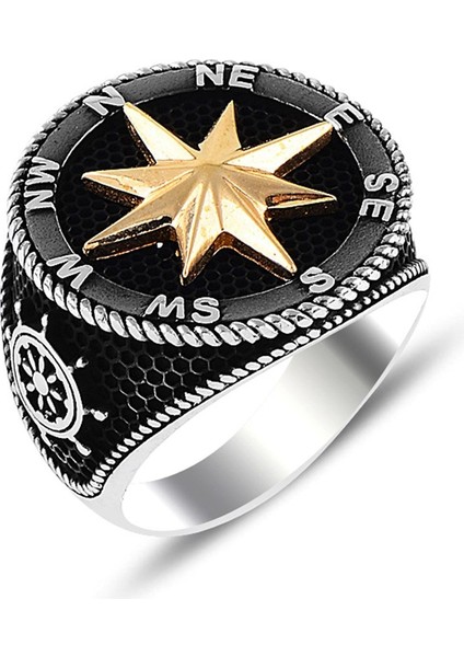 Pusula Siyah Zeminli Gümüş Yüzük