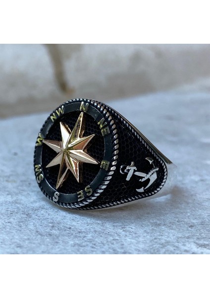 Pusula Siyah Zeminli Gümüş Yüzük modelleri