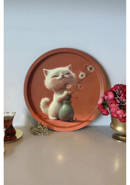 Desenli Modern Tepsi Çok Amaçlı Sunum Tepsisi 32 cm Yuvarlak Tepsi