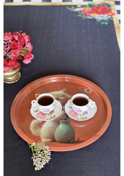 Desenli Modern Tepsi Çok Amaçlı Sunum Tepsisi 32 cm Yuvarlak Tepsi