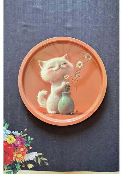 Desenli Modern Tepsi Çok Amaçlı Sunum Tepsisi 32 cm Yuvarlak Tepsi