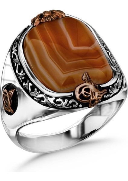 Damarlı Akik Taşlı Yanları Osmanlı Tuğrası ve Armalı Gümüş Erkek Yüzük