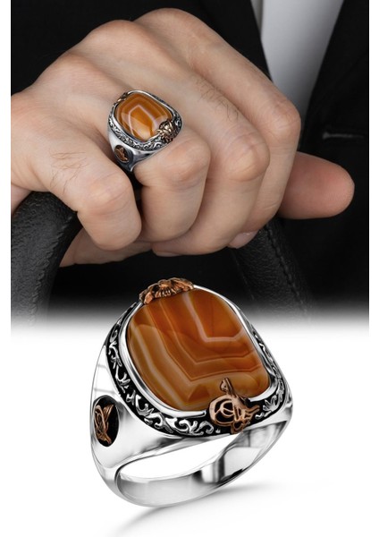 Damarlı Akik Taşlı Yanları Osmanlı Tuğrası ve Armalı Gümüş Erkek Yüzük modelleri