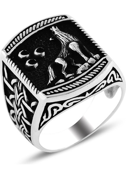 Bozkurt ve Üç Hilal Işlemeli Gümüş Yüzük